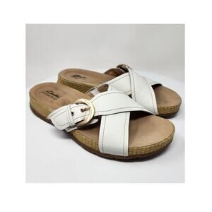Clarks Reileigh May Slide Sandal Size 10Wide Off-white Leather Adjustable Buckle